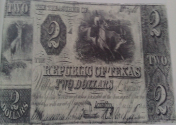 A Two dollar bill made in the short lived (1836-1845) Republic of Texas shows a cowboy roping a longhorn steer